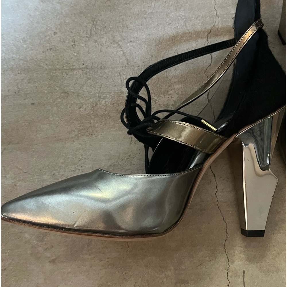 Silver high heel, fur on back imported from Italy, luxury brand with silver heel